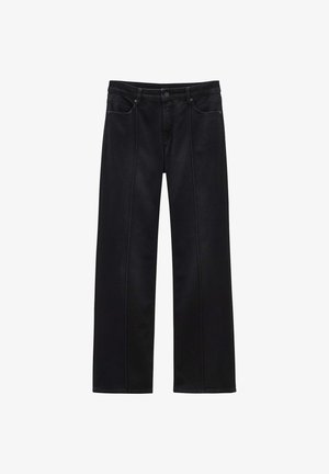 Pantaloni in denim nero con una vestibilità a gamba larga, dotati di tasche frontali, chiusura con bottone e cuciture in contrasto lungo le cuciture.