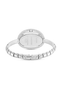 Zilverkleurig roestvrijstalen horloge met een ovale kast versierd met kristallen, een gepolijste band en een gesp waarop "Swarovski" is gegraveerd.