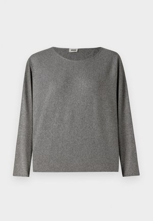 Grauem Langarmshirt aus weichem, strukturiertem Stoff. Hat einen runden Halsauschnitt und eine lässige Passform, ohne sichtbare Muster oder Akzente.