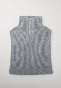 Gray ribbed knit sweater with a high collar and half zip, laid flat on a plain white background.