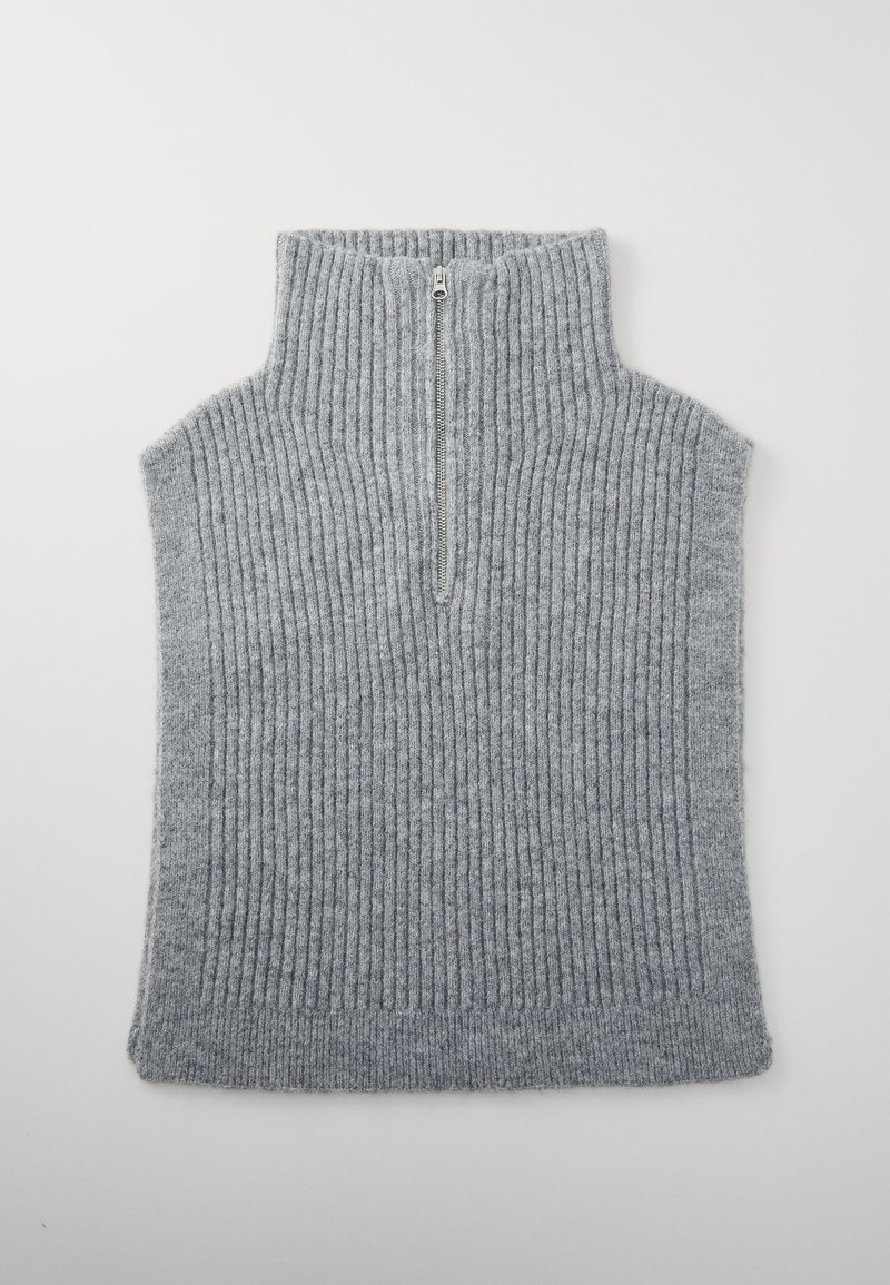 Gray ribbed knit sweater with a high collar and half zip, laid flat on a plain white background.