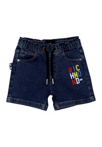 Džínové šortky v tmavě modré barvě, s elastickým pasem na šňůrku, dvěma předními kapsami a barevným textem "RICHMOND" na pravé straně.