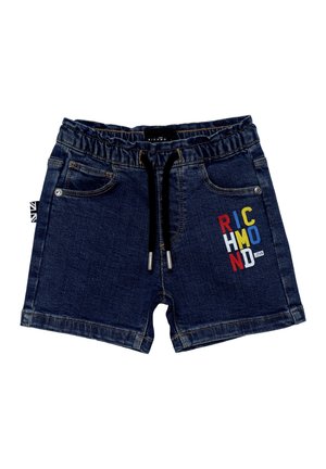 Donkerblauwe denim shorts met een elastische tailleband en trekkoord, twee voorzakken en kleurrijke 'RICHMOND' tekst aan de rechterkant.