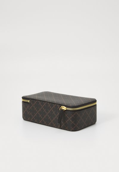 Brown patterned cosmetic bag with a rectangular shape, zippered closure, textured surface, and gold hardware accents.