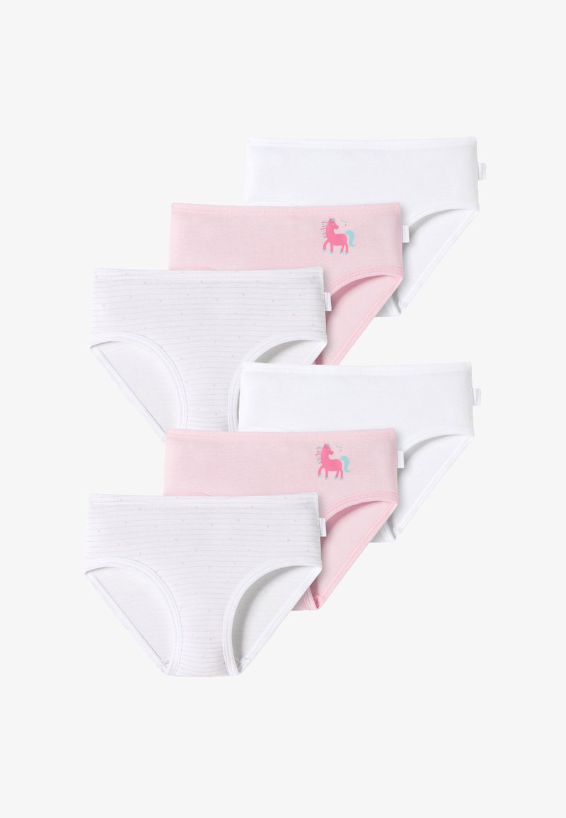 Sei paia di mutande di cotone: due bianche, una rosa chiaro con una grafica di unicorno, una rosa chiaro e due bianche con strisce sottili.