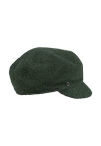 Căciulă din lână verde închis, cu o coroană rotundă, vizor scurt și un accent decorativ din metal pe lateral. Material moale și texturat.