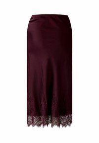Jupe bordeaux avec une finition en tissu lisse. Des accents en dentelle à l'ourlet créent un design festonné. La taille élastique offre confort et ajustement.