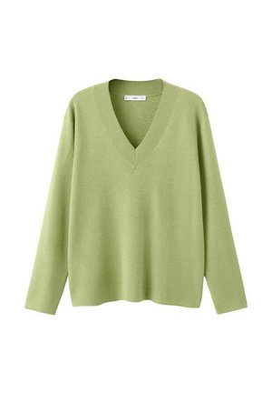 Light green long-sleeve sweater with a deep V-neck and ribbed collar, shown flat on a white background.