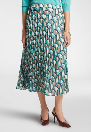 Ploom midi-rok in een doorzichtig materiaal met een geometrisch patroon in teal, bruin en wit. Elastische tailleband voor een comfortabele pasvorm.