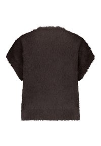 Short-sleeve dark brown faux fur top with a soft, textured appearance. Features a relaxed fit and straight hem at the lower edge.