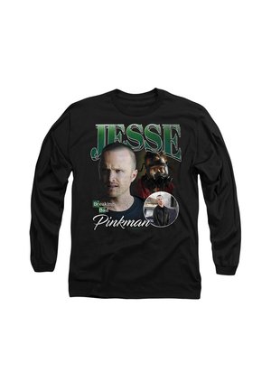 Black long-sleeve shirt featuring printed images of a character named Jesse from "Breaking Bad," with bold green text and circular accent details.