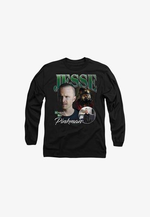 Schwarzes Langarmshirt mit bedruckten Bildern eines Charakters namens Jesse aus "Breaking Bad", mit auffälligem grünem Text und runden Akzentdetails.
