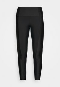 Svarta hög midja leggings med åtsittande ben och subtil paneldesign längs sidorna mot en vit bakgrund.