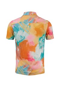 Kurzarmhemd mit einem Aquarellmuster in Orange-, Pink-, Türkis-, Weiß- und Gelbtönen, von hinten auf einem weißen Hintergrund gezeigt.