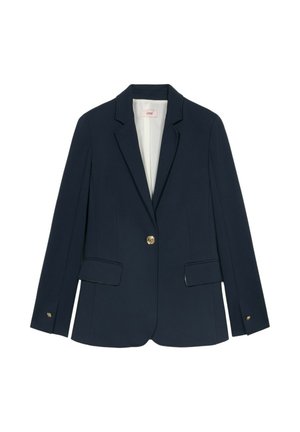 Blazer azul marino con un solo botón dorado, dos bolsillos frontales, solapas muescas y un forro interior suave. Diseño clásico y a medida.