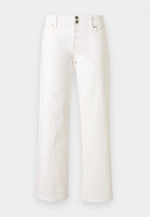 Λευκό τζιν ίσιας γραμμής με εμπρόσθιες τσέπες, θηλιές για ζώνη και διπλό κούμπωμα με κουμπιά, εμφανίζεται σε ουδέτερο φόντο.