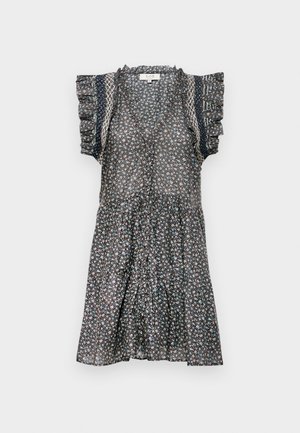 Floral dress made of lightweight fabric, featuring ruffled short sleeves, a V-neck, and a flowing A-line silhouette in dark colors.