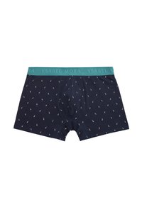 Calzoncillos bóxer para hombre en azul marino con patrón de pequeños flamencos rosas y cintura en color verde azulado con la marca "YSABEL MORA" repetida.