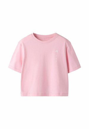 Short pink cropped T-shirt with a round neck and small white logo on the upper left chest.