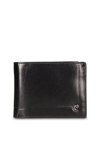 Portafoglio nero in pelle con texture liscia, design bifold e piccolo logo frontale. Dotato di scomparti per carte e vano per contanti.