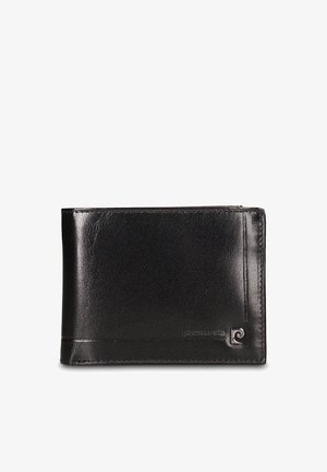 Zwarte leren portemonnee met een gladde textuur, een bi-fold ontwerp en een klein logo-accent aan de voorkant. Heeft kaartvakken en een vak voor contant geld.