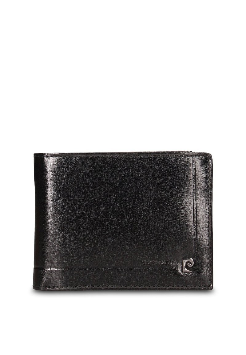 Portafoglio nero in pelle con texture liscia, design bifold e piccolo logo frontale. Dotato di scomparti per carte e vano per contanti.