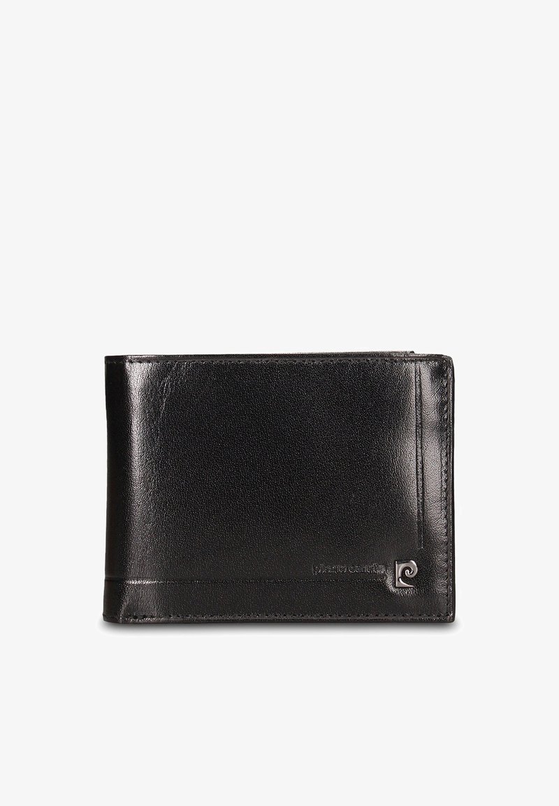 Portafoglio nero in pelle con texture liscia, design bifold e piccolo logo frontale. Dotato di scomparti per carte e vano per contanti.