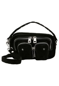 Sac à main en velours côtelé noir avec plusieurs compartiments zippés et deux petites poches avant, équipé d'une poignée courte et d'une bandoulière amovible.