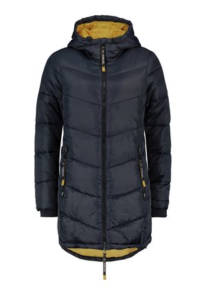 Gewatteerde jas in marineblauw met een gele binnenkant. Voorzien van een ritssluiting aan de voorkant, een capuchon en zijzakken met verstelbare toggles en geribde manchetten.