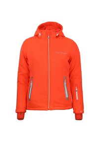 Veste zippée orange avec capuche, comportant des accents de fermeture éclair gris et deux poches latérales. Matière lisse avec un motif texturé sur le tissu.
