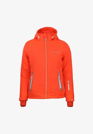 Veste zippée orange avec capuche, comportant des accents de fermeture éclair gris et deux poches latérales. Matière lisse avec un motif texturé sur le tissu.
