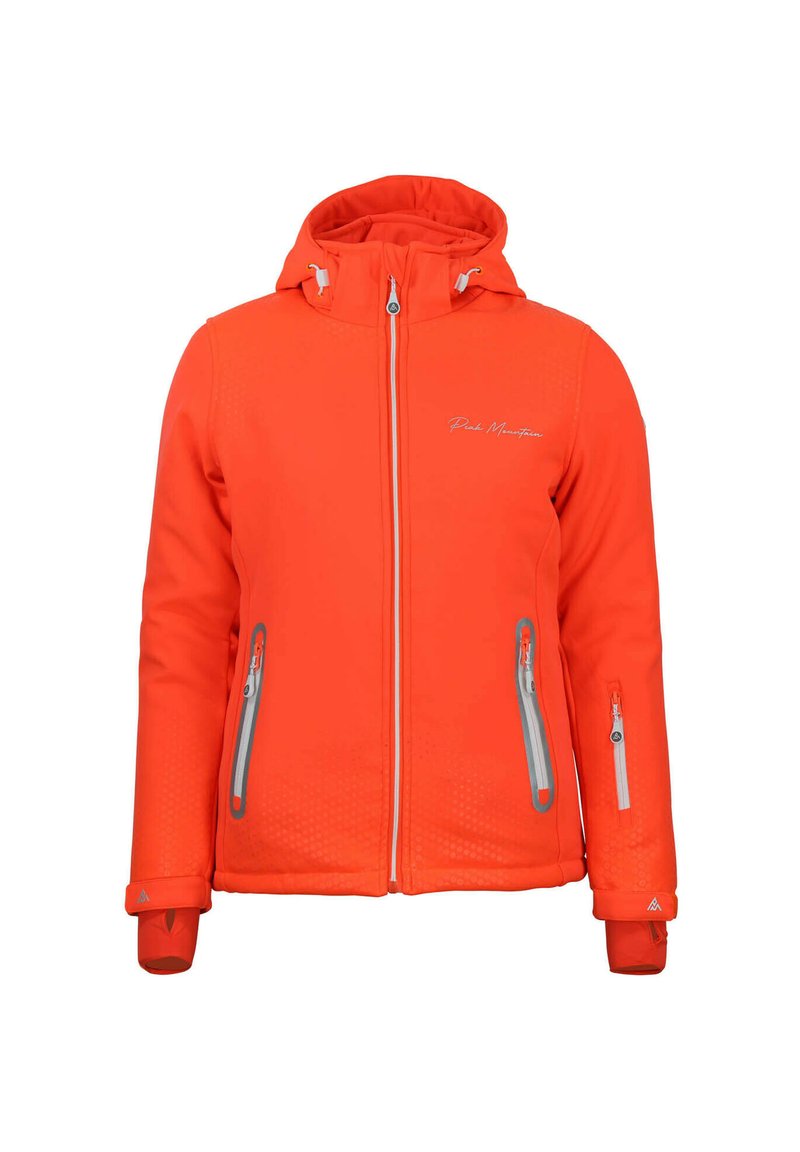 Veste zippée orange avec capuche, comportant des accents de fermeture éclair gris et deux poches latérales. Matière lisse avec un motif texturé sur le tissu.