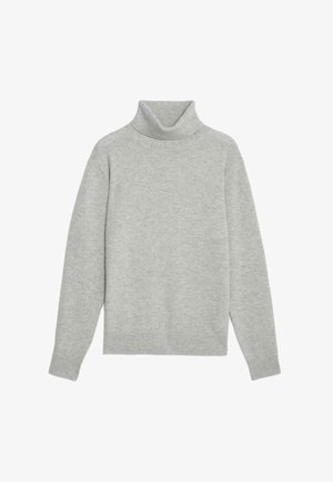 Maglione a collo alto grigio chiaro realizzato in tessuto morbido; presenta un colletto a coste, maniche lunghe e una vestibilità rilassata.