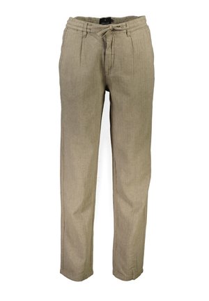 Beige Leinenhosen mit lockerem Schnitt, elastischem Taillenbund, Seitentaschen und geraden Beinen. Glatte Textur mit minimalen Nähten.
