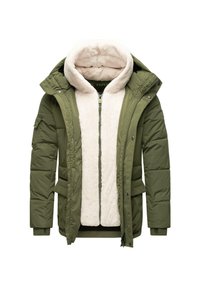 Giacca verde imbottita con interno foderato in pile, dotata di cappuccio rimovibile, chiusura con zip e numerose tasche frontali.