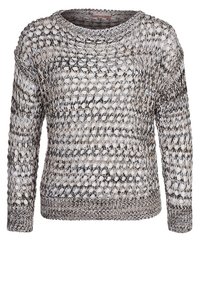 Open-knit sweater in a mix of white and grey, featuring long sleeves, a round neck, and textured patterns throughout the fabric.
