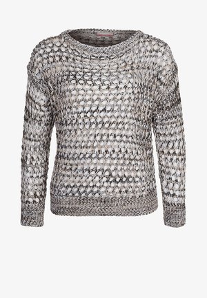 Luftiger Strickpullover in einer Mischung aus Weiß und Grau, mit langen Ärmeln, Rundhalsausschnitt und strukturierten Mustern im gesamten Stoff.