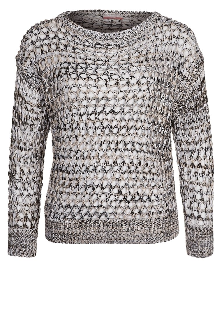 Open-knit sweater in a mix of white and grey, featuring long sleeves, a round neck, and textured patterns throughout the fabric.