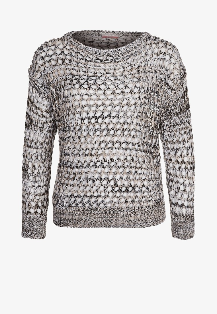 Open-knit sweater in a mix of white and grey, featuring long sleeves, a round neck, and textured patterns throughout the fabric.