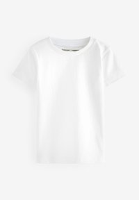 Weißes T-Shirt mit kurzen Ärmeln aus Baumwolle. Verfügt über einen runden, ribbeligen Rundhalsausschnitt und subtile Steppdetails an den Ärmeln und am Saum.