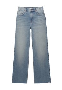 Jeans de tiro alto de mezclilla de color azul claro y pernera ancha, con un diseño de cinco bolsillos y un ligero desteñido en la tela.