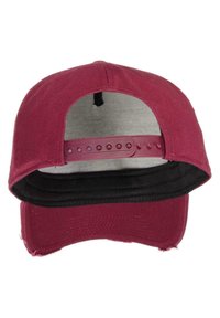 Maroon baseball cap with a curved visor, adjustable plastic strap, and soft fabric lining. Inner color is black with a subtle texture.