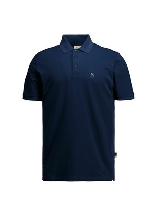 Marineblauw poloshirt met korte mouwen, een drieknopenbies en een klein gestikt logo op de linkerborst.