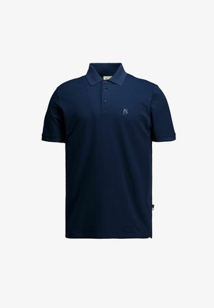 Marineblauw poloshirt met korte mouwen, een drieknopenbies en een klein gestikt logo op de linkerborst.