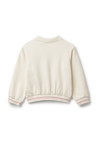Felpa a maniche lunghe color crema con colletto, polsini e vita a coste, caratterizzata da due sottili strisce rosa, vista da dietro.