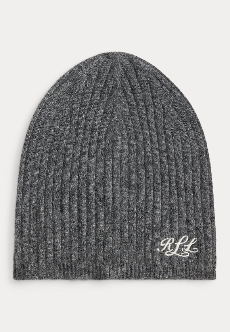 Gray knitted beanie with a ribbed texture and a folded hem. Features embroidered white "RLL" logo on one side.