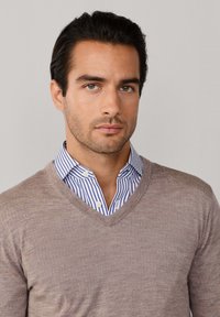 Sveter s výstrihom do V v svetlohnedej pletenine; položený na modro-bielej pruhovanej košeli s golierom na gombíky. Hladká textúra, jednoduchý dizajn.