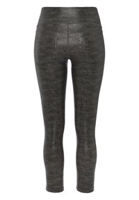 Höga leggings i mörkgrå konstläder med en strukturerad, pebblig mönster; åtsittande stil med bakfickor.