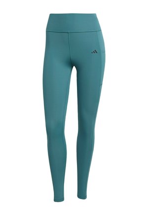 Turquoise high-waisted leggings made from stretchy fabric, featuring a side pocket and a small black logo on the upper thigh.