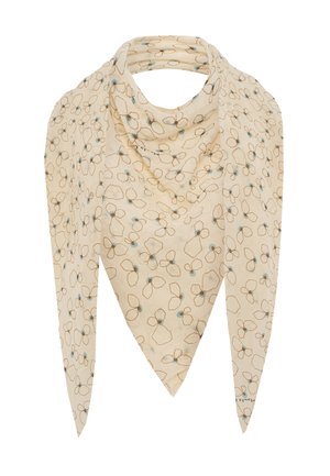 Sciarpa crema con un motivo ripetuto di occhiali contornati in marrone e blu. Realizzata in tessuto leggero con forma triangolare.